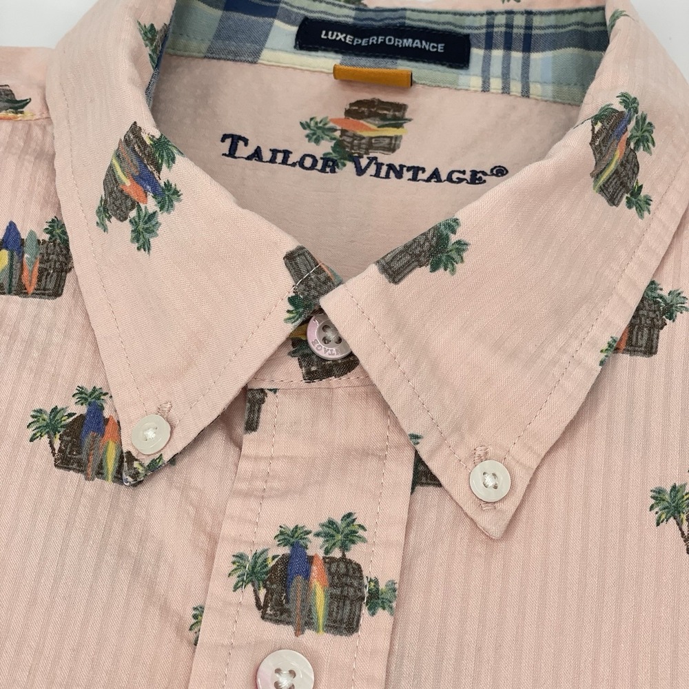 Tailor Vintage Luxe Seersucker Shirt XL Surf Tiki Print Stretch Pink Summer Mens